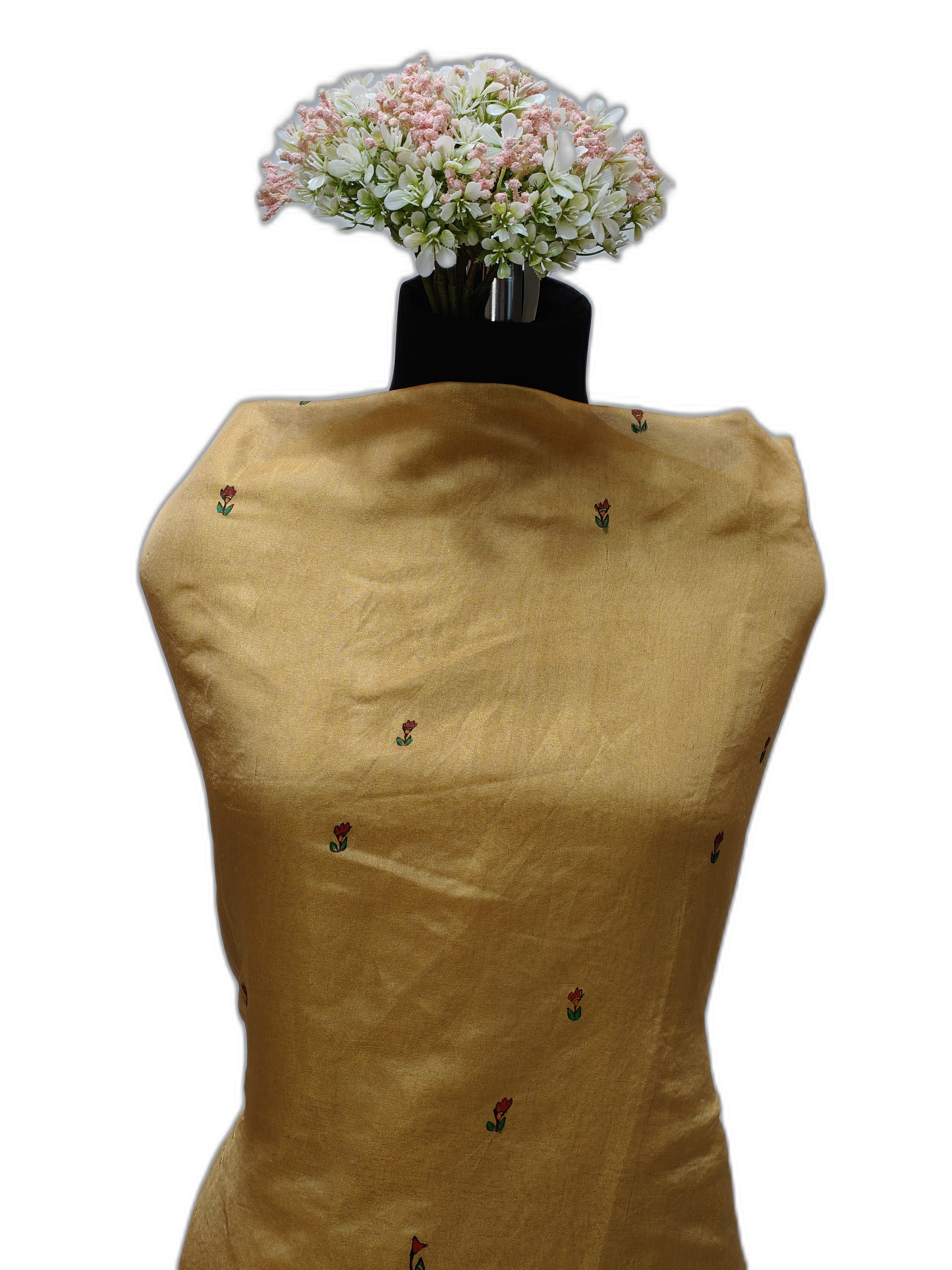 Hand-Painted Unstitched Madhubani Kurti on Tissue Katana Silk – Gold